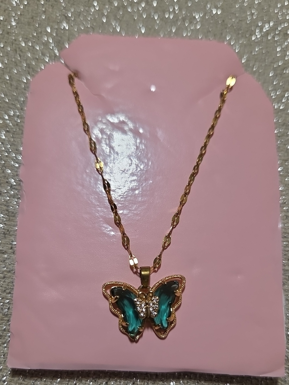 Gold Butterfly Pendant Necklace with Teal Wings